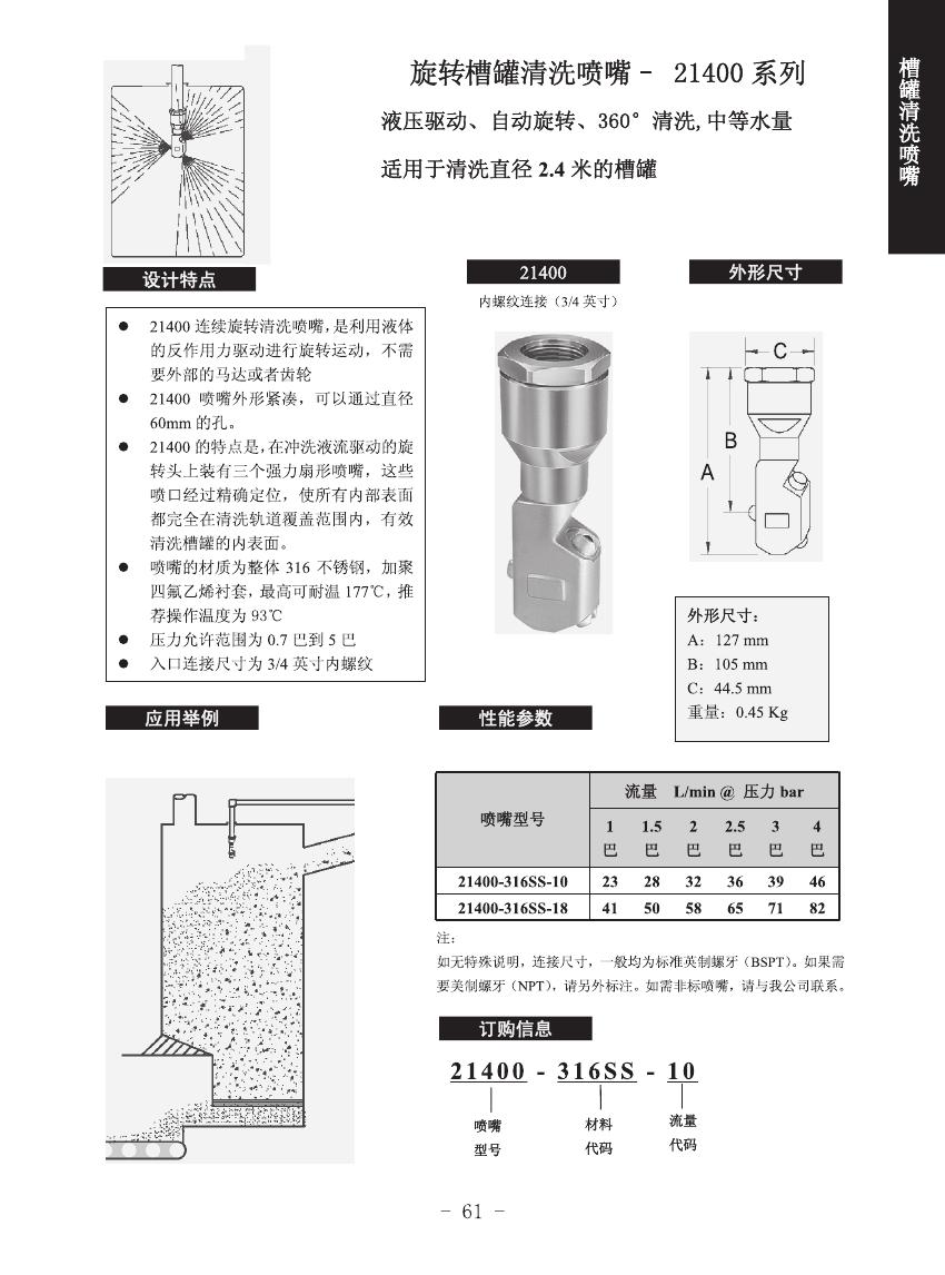 旋轉槽罐清洗噴嘴21400系列的設計特點、噴嘴設計、一般應用及訂購信息
